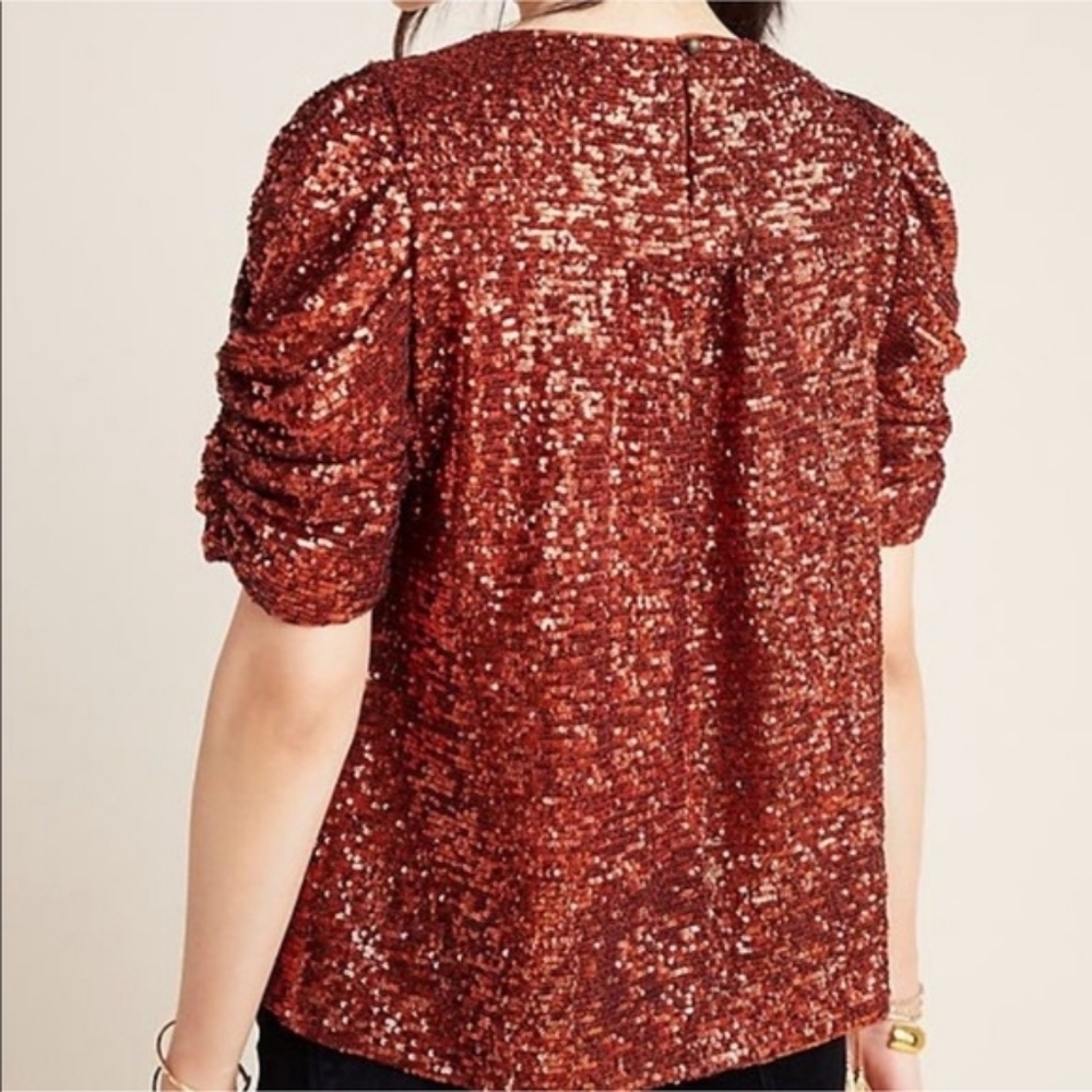 💘 NWT By Anthropologie Marie Sequined Blouse Copper Orange Sequin Puff Sleeve - Picture 3 of 10